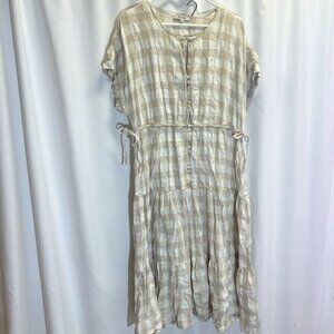 Madewell | Tan and white Gingham Tie Waist Short Sleeve Dress
